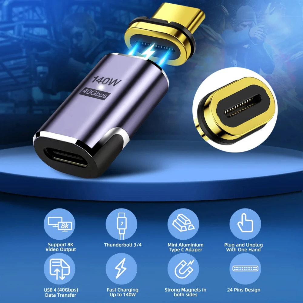 NNBILI 140W USB4.0 40Gbps Magnetic Type-C OTG USB C To USB-C Fast Charge Magnet Converter Cable 8K@60Hz USB Type C Adapter