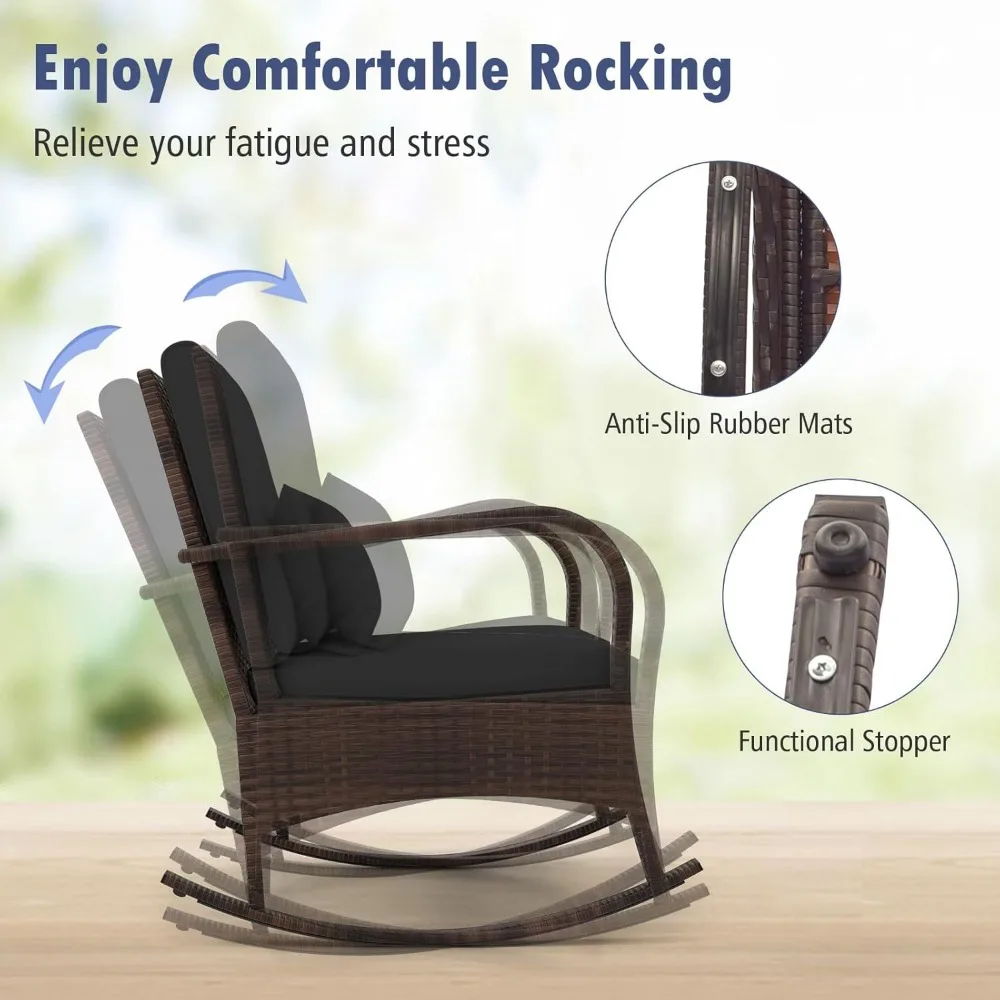 3 Pieces Rocking Bistro Set, Patiojoy Outdoor PE Rattan Rocker Chairs with Removable Cushions & Tempered Glass Top Coffee Table