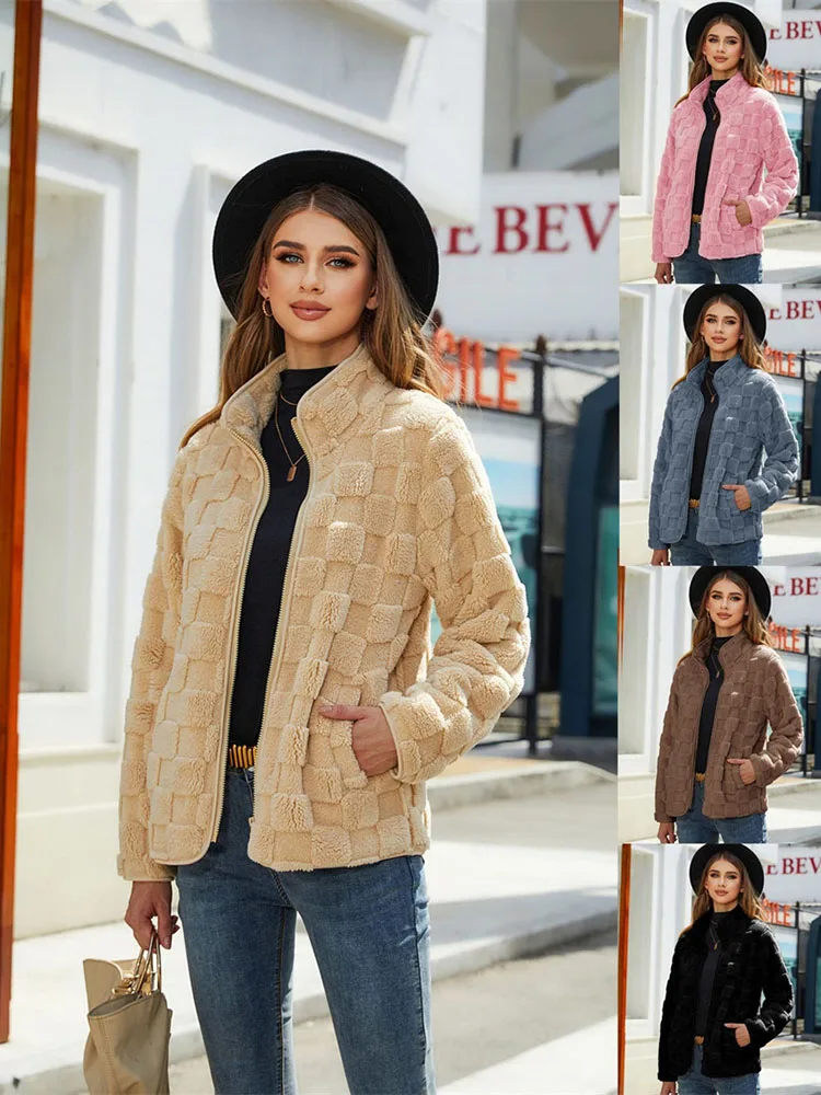 

Streetwear Women Double-sided Plush Fleece Coat Plaid Short Jacket Pile Zip-up Loose Tops Velvet Female Retro Fluff Coats Autumn