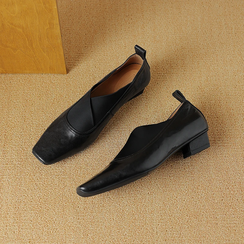 Zapatos de tacón de piel auténtica para mujer, calzado negro con punta cuadrada, informal, elegante, a la moda, Y123