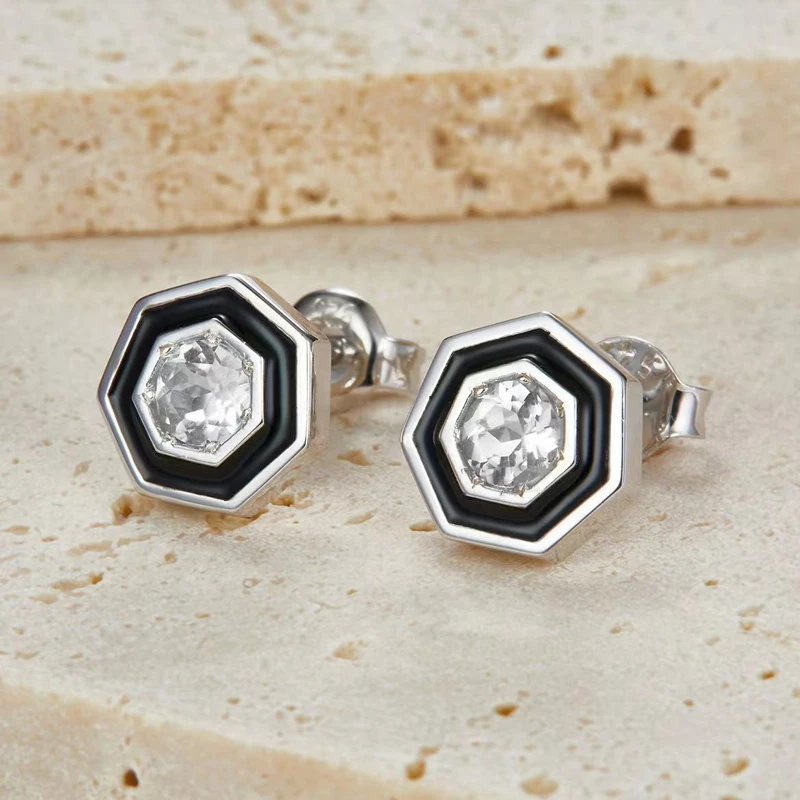 925 Sterling Silver Natural Topaz Blakc Epoxy Stud Earrings For Women Geometric Minimalism French Chic Small Earring 2023 New