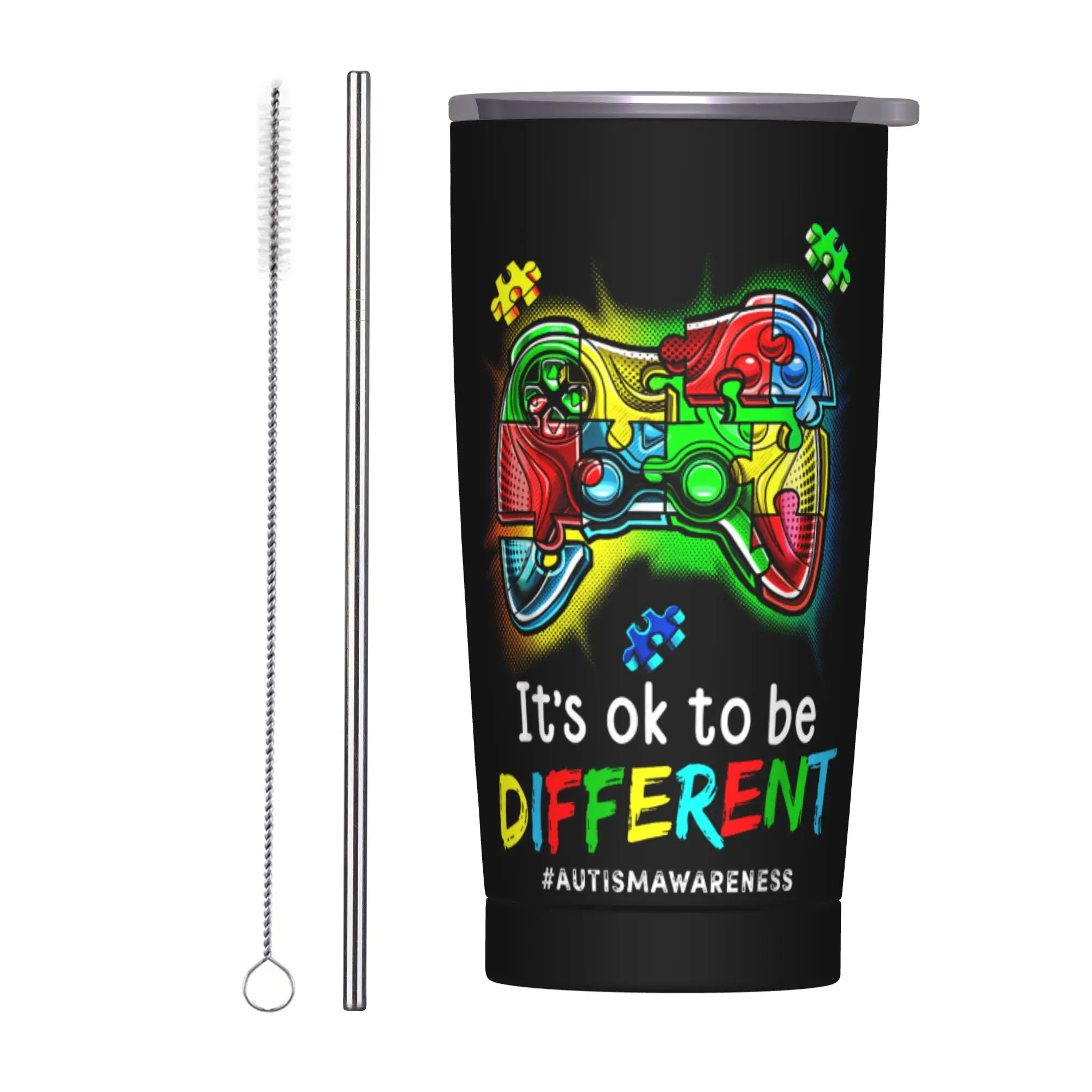 Stainless Steel Tumbler Autism Awareness It's Ok to Be Different Thermal Mug  Leakproof Hot Drinks Car Mugs Travel Water Bottle