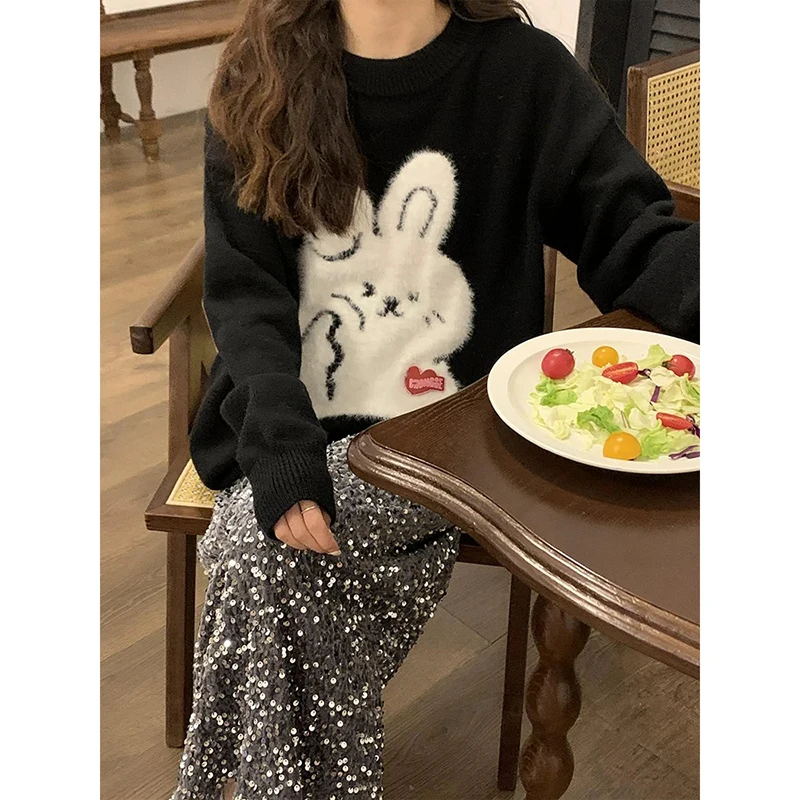 2023 Women Cute Rabbit Fleece Sweater Y2K Harajuku Retro Hip Hop Knitted Sweater Vintage Pullover Casual Wool Sweater Hipster