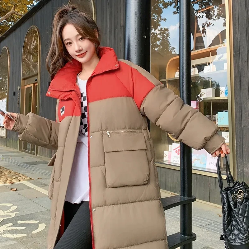 2024 Winter New Contrast Color Versatile Cotton Coat for Women Korean Style Loose Coat Stand Collar Cotton Coat for Women