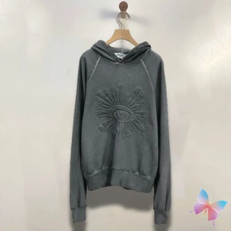 

Oversized Raglan Sleeves Washed Grey HOUSE OF ERRORS Hoodies Thread Relief Eye Print Hooded Sweatshirt Men Women Street Cleanfit