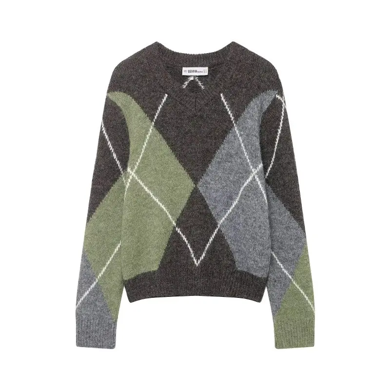 

Женский осенний пуловер с внутренним ромбовидным узором, вязаный свитер, модная повседневная одежда, уличная одежда, модный топ