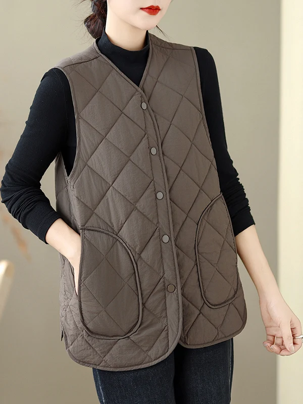 

Women's Casual Thin Cotton Quilted Vest Autumn Winter New Sle Versatile k Button Matching V-ne Thiened Commute Sle