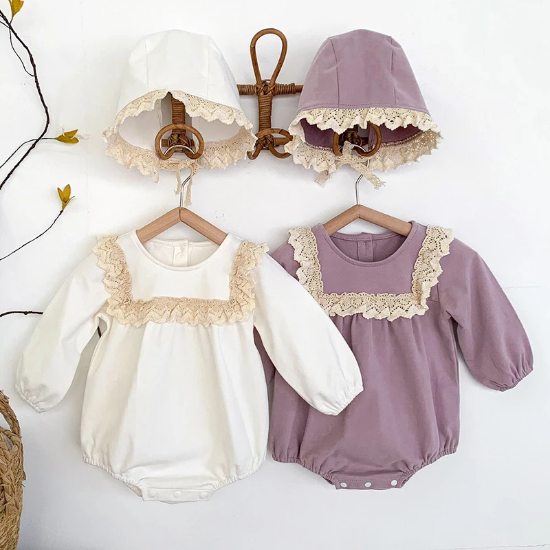 

Floral Lace Ruffle Cute Baby Romper + Hat Set 2Pcs Infant Vintage Floral Long Sleeve Jumpsuit Toddler Baby Girl Sweet Clothes