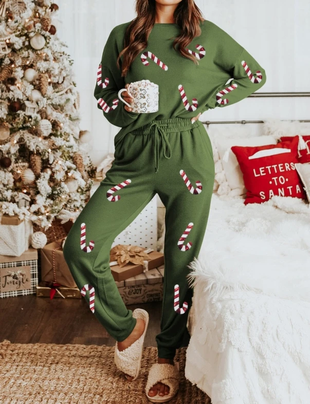 

Casual two piece set for woman Autumn Christmas printed long sleeved casual O-neck top high waist slim fit pants set pajamas set