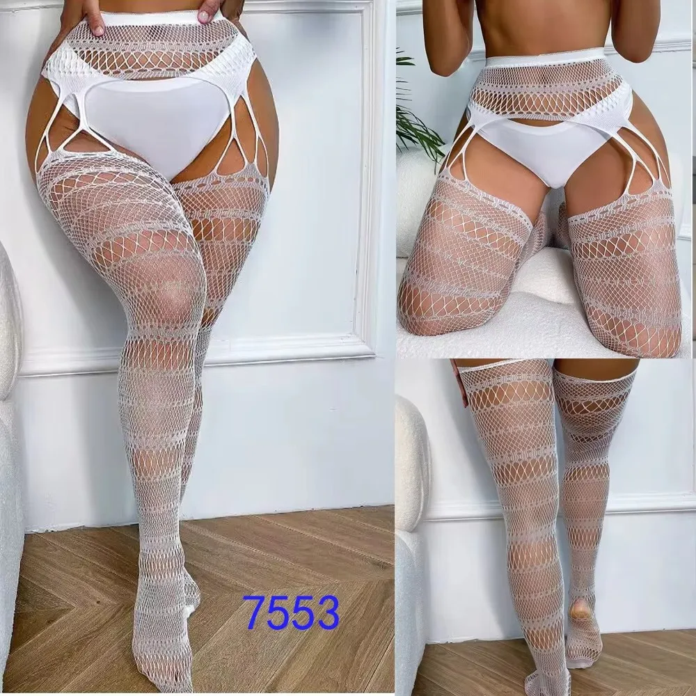 Women Fishnet Stockings Open Crotch Tights Transparent Underwear Thigh High Socks With Garters Sexy Lingerie Pantyhose Leggings