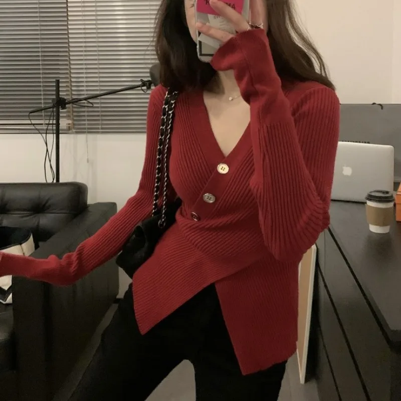 Neploe Korean Kpop V-neck Solid Sweaters Mujer Autumn Slim Waist Split Tops Women Long Sleeve Bottoming Knitted Pullover