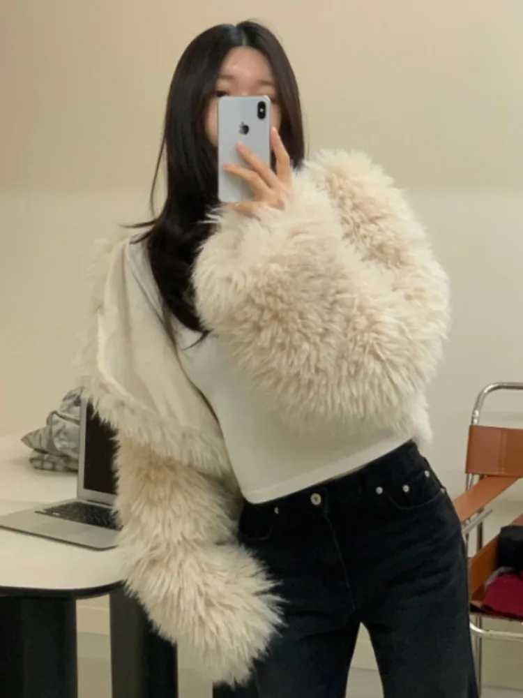 Ele ort Pure Color Fur Jaet Damski Luźny Rozpinany Kardigan Zimowy Płaszcz Koreańska Moda Miękki Materiał