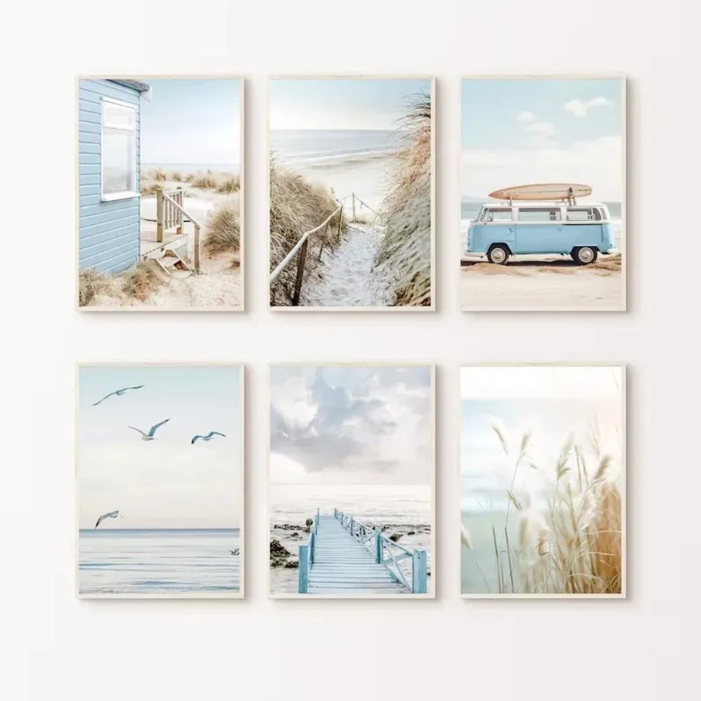 Affiche Murale Nordique sur Toile Imprimée : Nature, Plage, Vagues de Mer, Plage Côtier, Herbe de la Pampa, Roseau, Ciel, Bus, Photographie, Décoration Murale pour la Maison