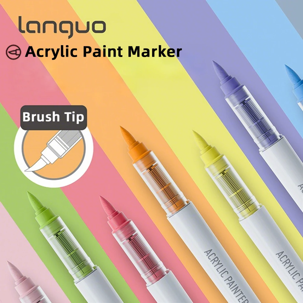 Languo 자동 잉크 제어 소프트 브러시 아크릴 페인트 펜, 9개 펜 팁 아크릴 페인트 펜 세트, 페인팅, 도자기, 캔버스, DIY 공예 학생 그래피티 아크릴 페인트 펜을 위한 14가지 전문 색상 시리즈