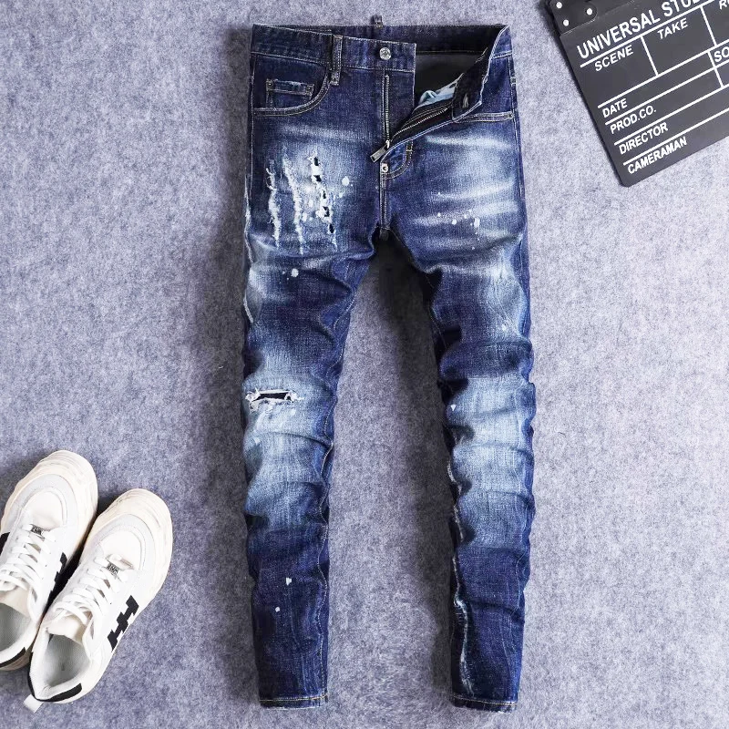 

Fashionable men's deep blue jeans with scratches, nostalgic water washing, elastic slim fit, painted jeans, designer high street