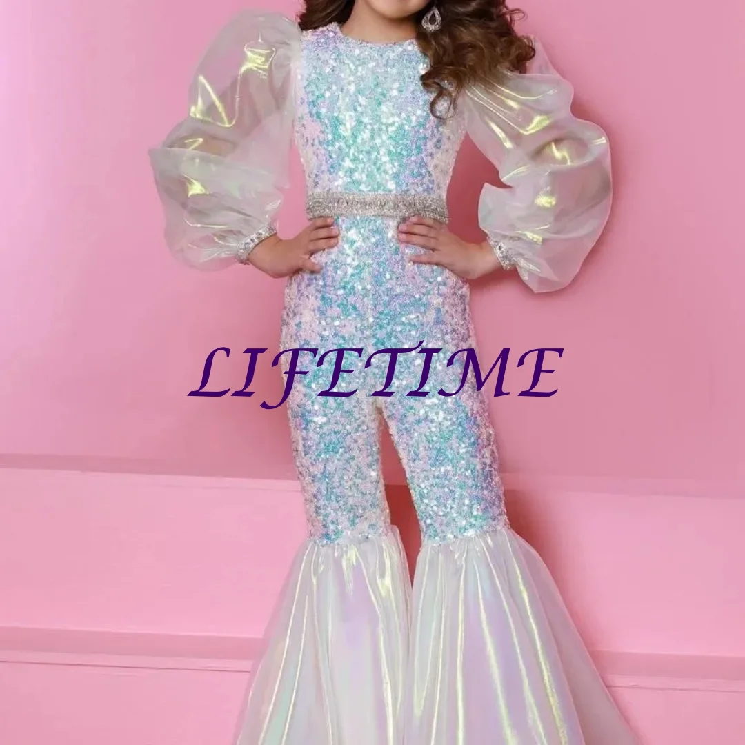 ชุดเดรสเด็กผู้หญิงสำหรับงานแต่งงานแบบสั่งทำพิเศษ ประดับเลื่อมลายดอกไม้ ทรงเมอร์เมด แขนยาว ระยิบระยับ ชุดเดรสยาวสำหรับเด็กผู้หญิงสำหรับงานประกวด ชุดเด็กเล็ก ชุดเด็กทารก