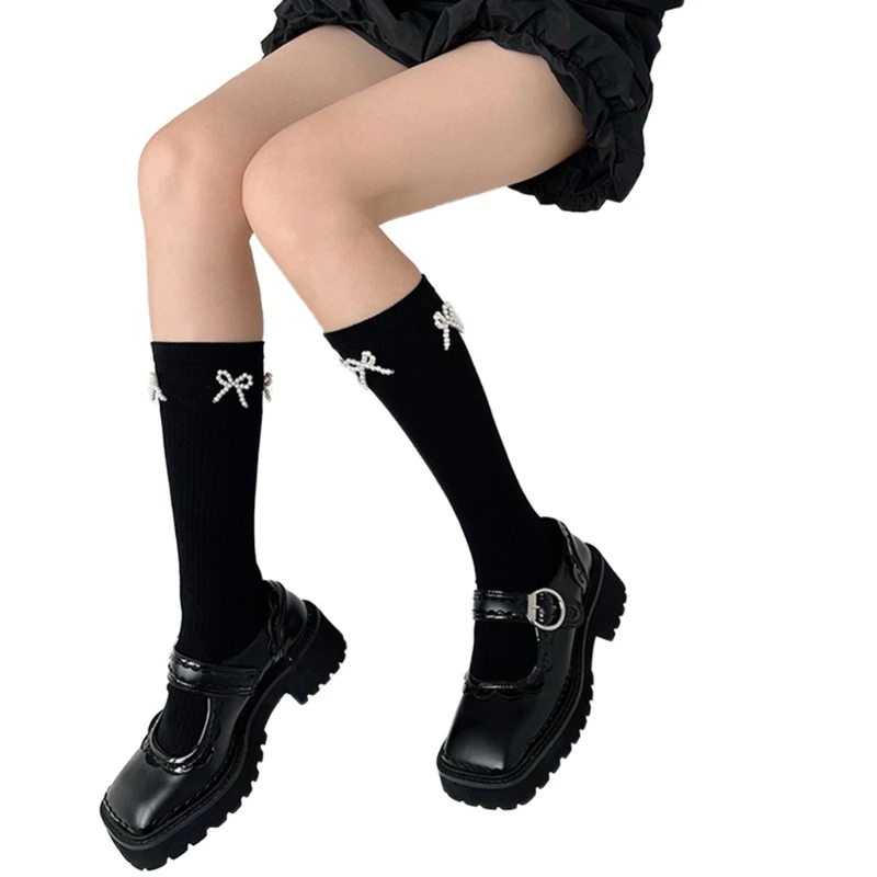 

Women Girls Harajuku Calf Socks Sweet Faux Pearl Mini Bow Ribbed Vertical Twist Striped Black Tube Stockings P8DB