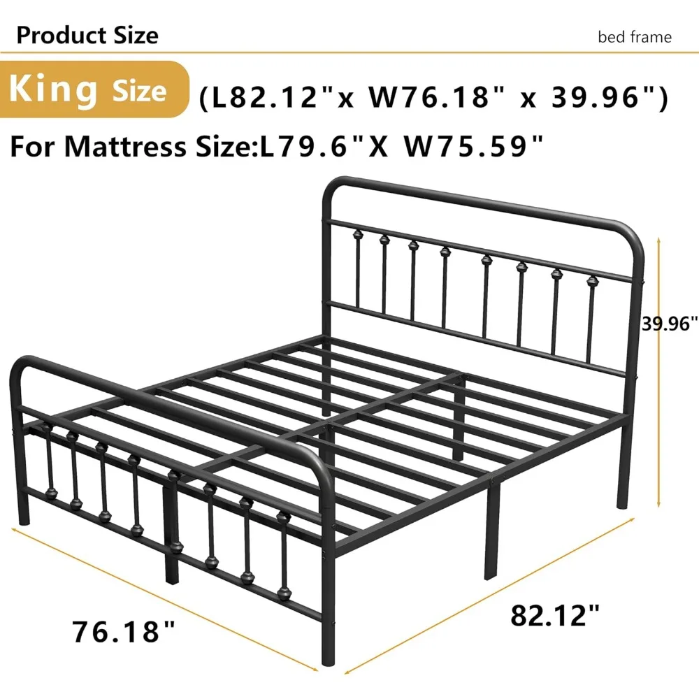 إطار سرير معدني بحجم كينج مع لوح رأسي، قوي وشديد التحمل، ودعم شريحة فولاذية، وحل تخزين تحت السرير
