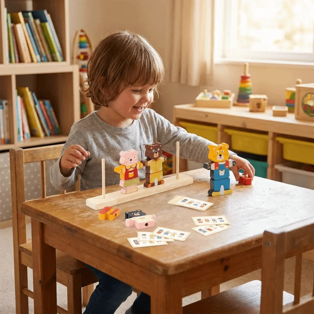 บล็อกไม้รูปหมีสำหรับเด็กสร้างสรรค์ ฝึกการเรียงสี ฝึกการเรียงรูปทรง และสวมบทบาท
