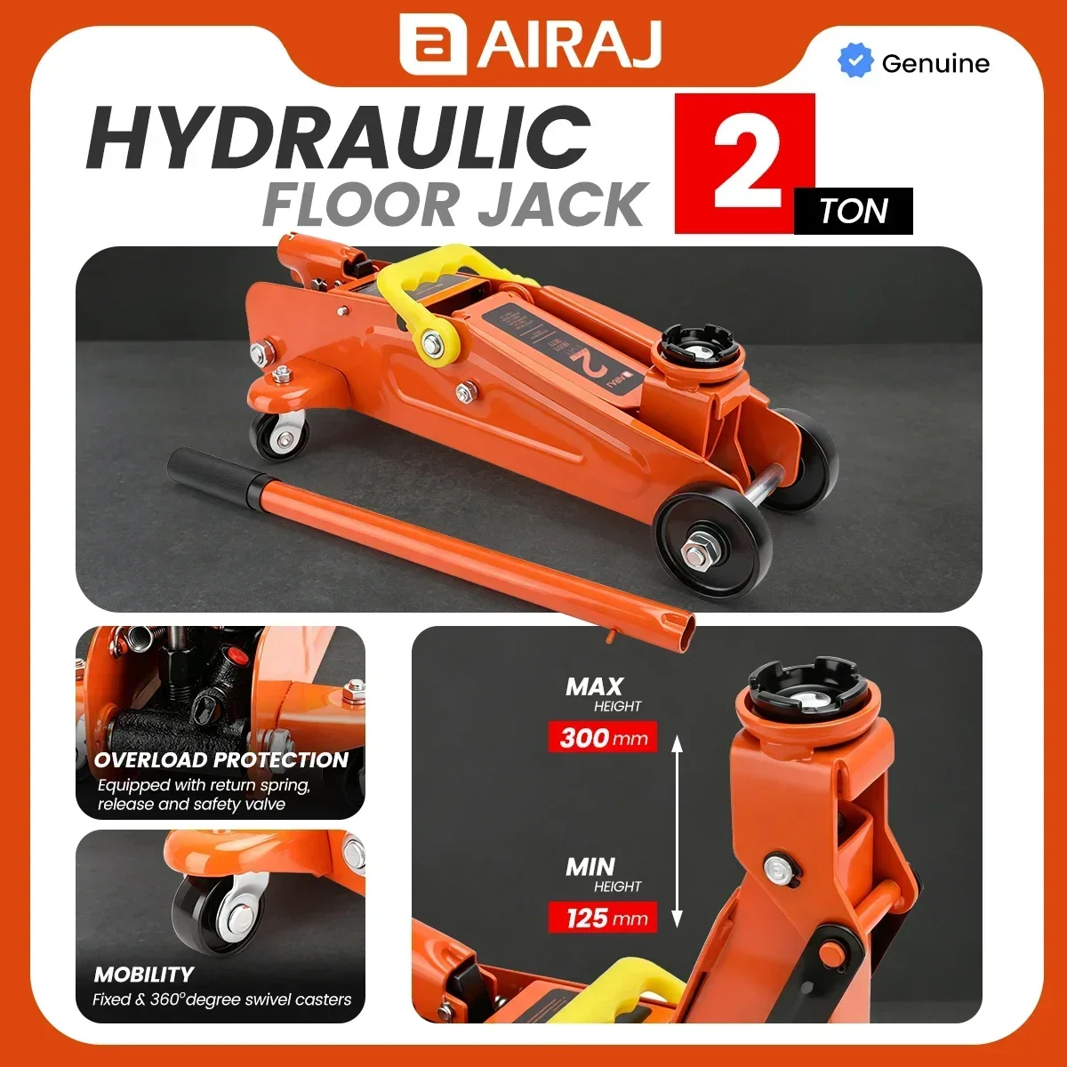 AIRAJ Hydraulic Jack 2 tons - 125-300mm - High-strength steel with thickened -Comes with swivel wheels-Portable for hand use