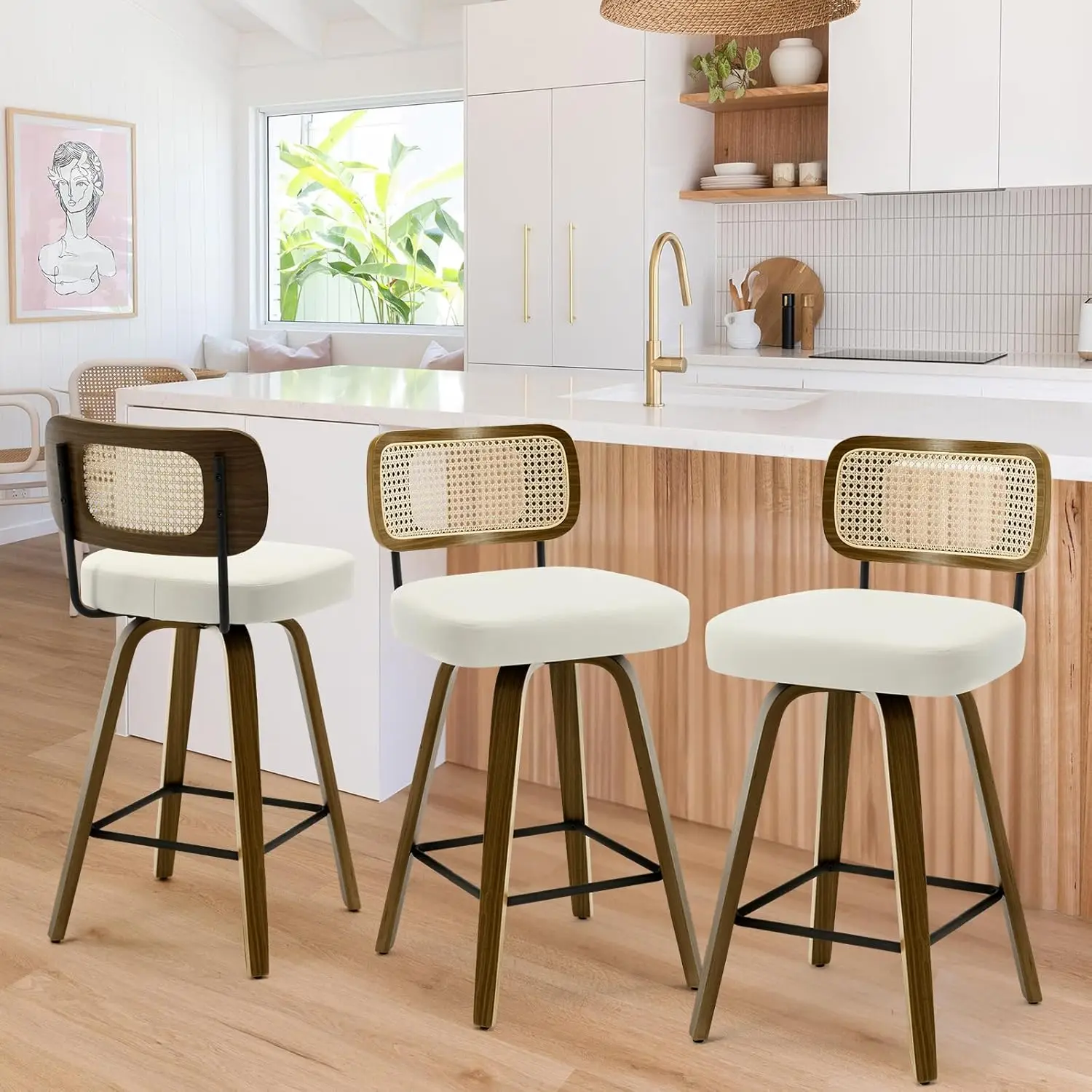 Swivel Counter Height Bar Stools Set of 3, Upholstered Faux Leather Barstools with Rattan Back, 26" Seat Height Bar, Customized