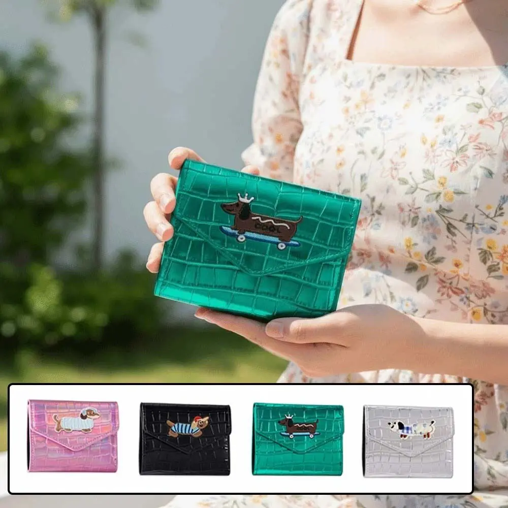 

Portable Crocodile Pattern Wallet Embroidered Sausage Dog Candy Color Short Leather Purse Anti-splash Water PVC