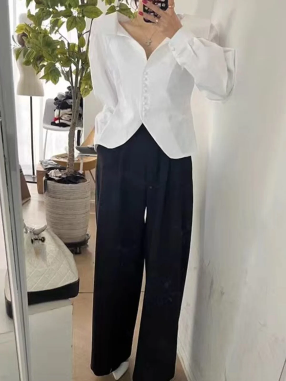 

Korean Sle Women's irt+Faion Wrap Chest+High Waist Loose Wide Leg Pants Tee-Piece Set Long Sve Large Collarbone Ex...