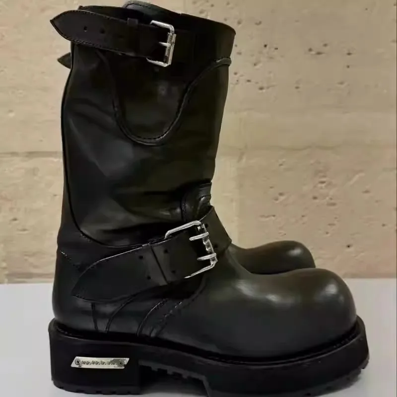 Black Street Style Round Toe Platform Boots Chunky Middle Heels Side Zipper Design Large Size Belt Buckle Botas Para Moto