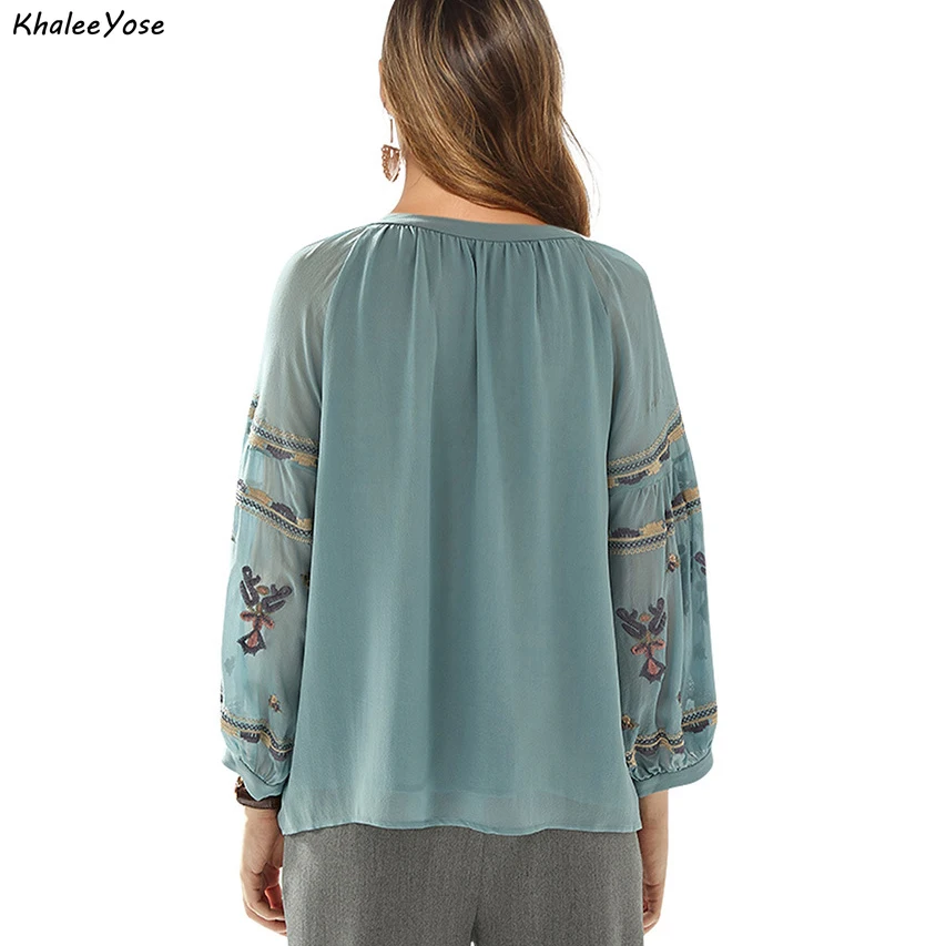 KHALEE YOSE Blue Floral Embroidery Blouses Shirt Vintage Boho Spring Autumn Mexican Shirt  Women Lace Tie Up 2xl Ethnic Shirt