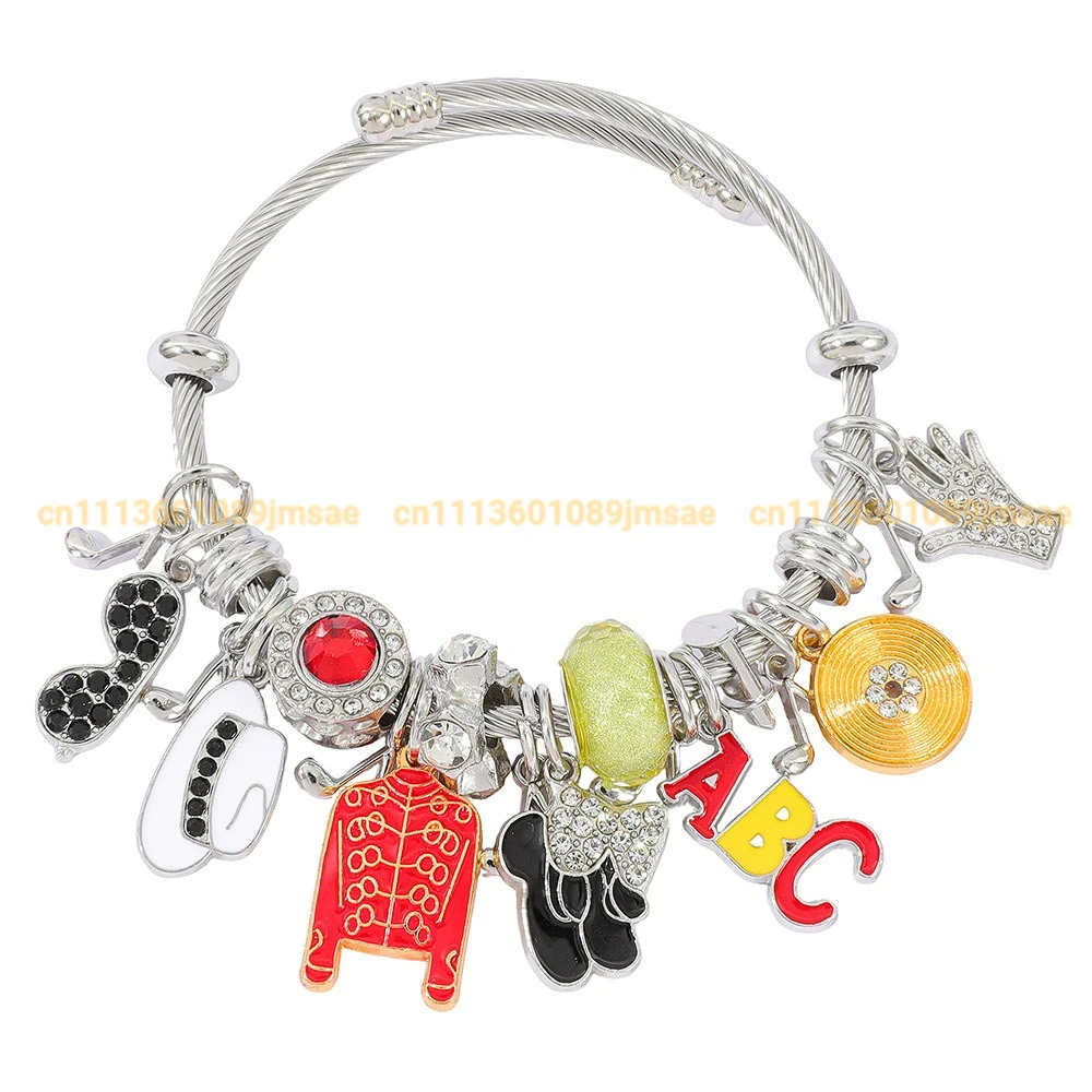 

Michael Jackson Fashion Charm Bangle Bracelet with Music Inspired Pendants, Adjustable Wire Jewelry for Fans and Casual Use