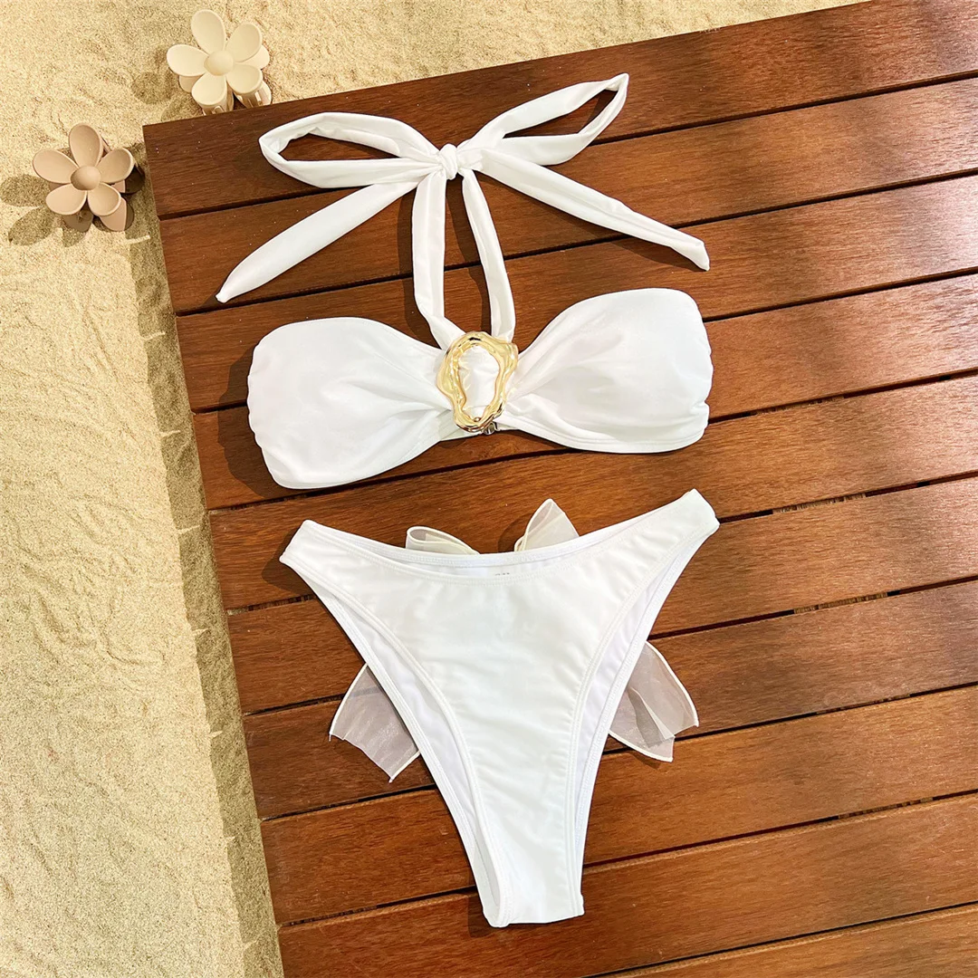 Metallring-Neckholder-Bikini, brasilianischer Stil, Damen-Badeanzug, zweiteiliges Bikini-Set, gepolsterter Badeanzug, Badebekleidung, Modell V6807. – Detail 10