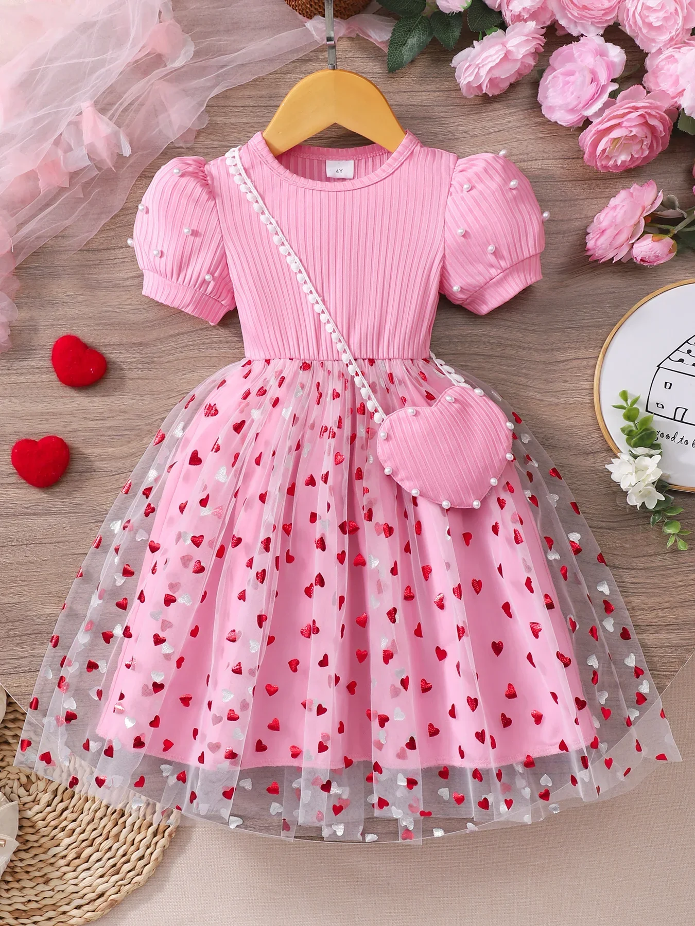 Gift bag! Round neck bubble sleeve pearl gauze dress Love gauze Valentine's Day and wedding partyFor children aged 4-7