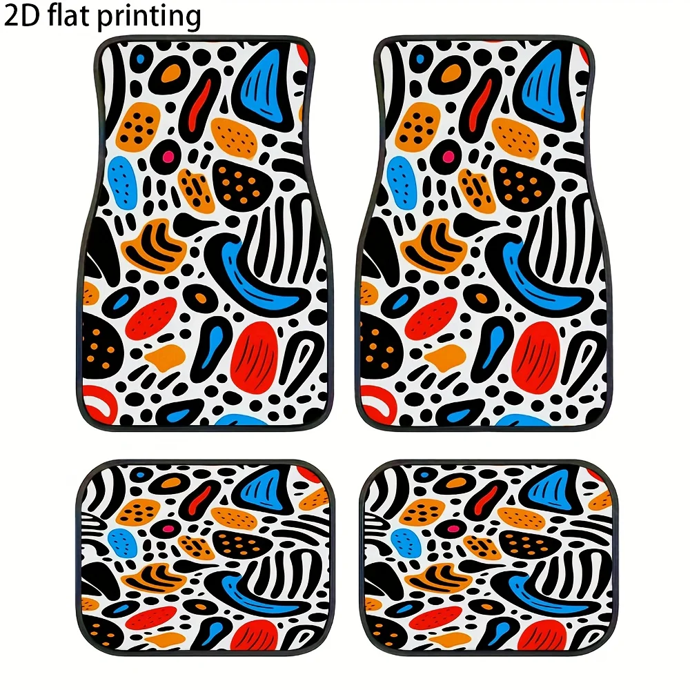 4pcs Car Floor Mats, Abstract Geometric Color Block Pattern, Made Of Polyester Fiber, Universal Car Mats, Easy To Clean, Automot