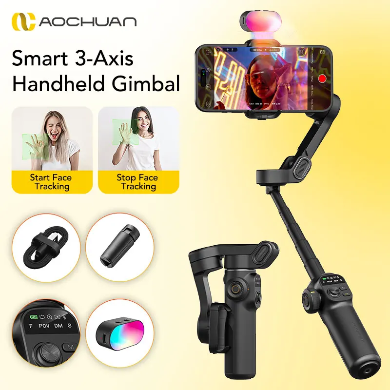 

AOCHUAN Smart X2 Black Kit 3-Axis Handheld Gimbal Stabilizer Wite LED Display Built in extension rod For iphone And androidphone