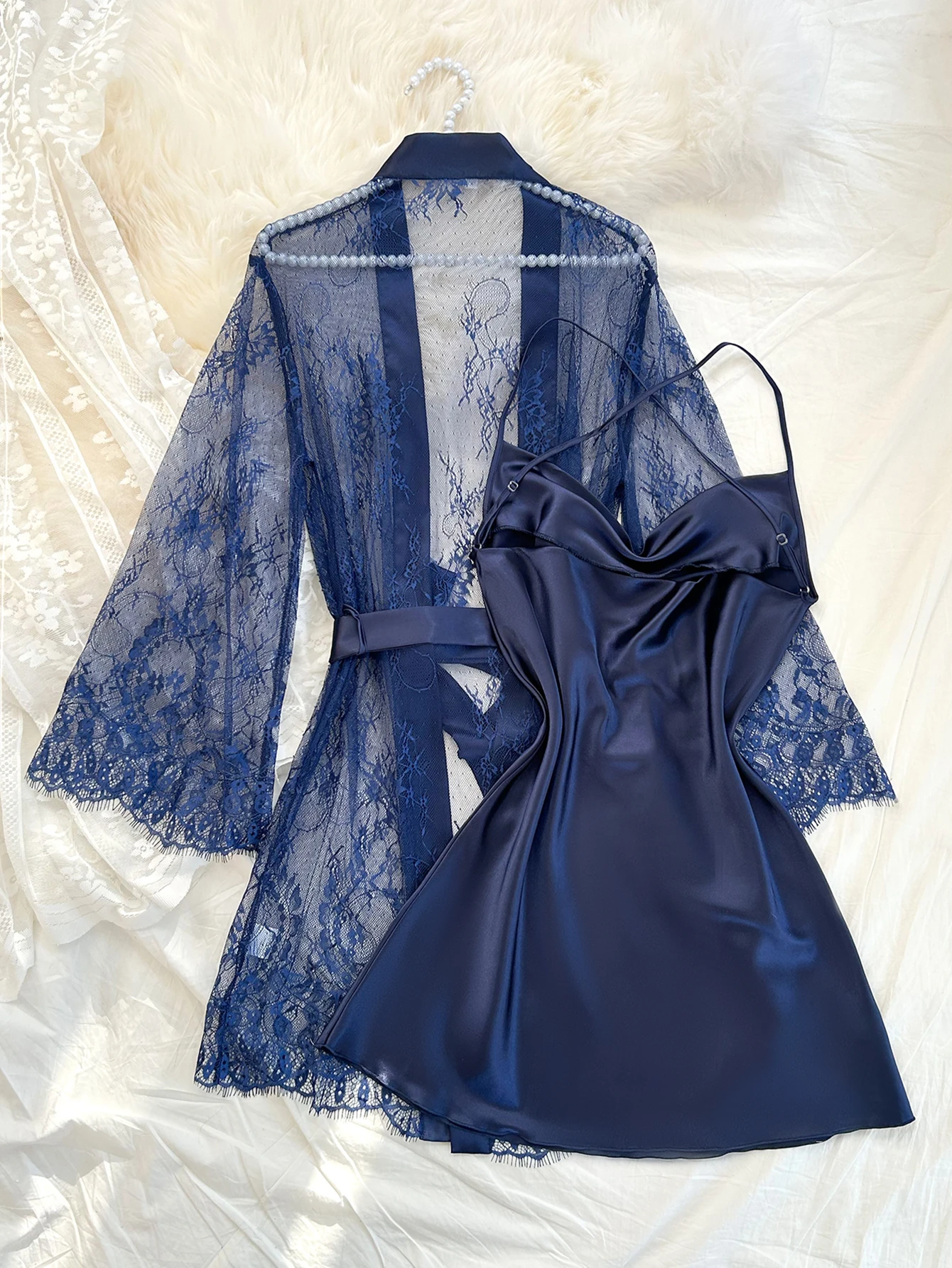 Women Lace Sleepwear Set Sheer Lace Robe with Cowl Neck Slip Nightdress Thin and Breathable Ladies 2Pcs Pajamas