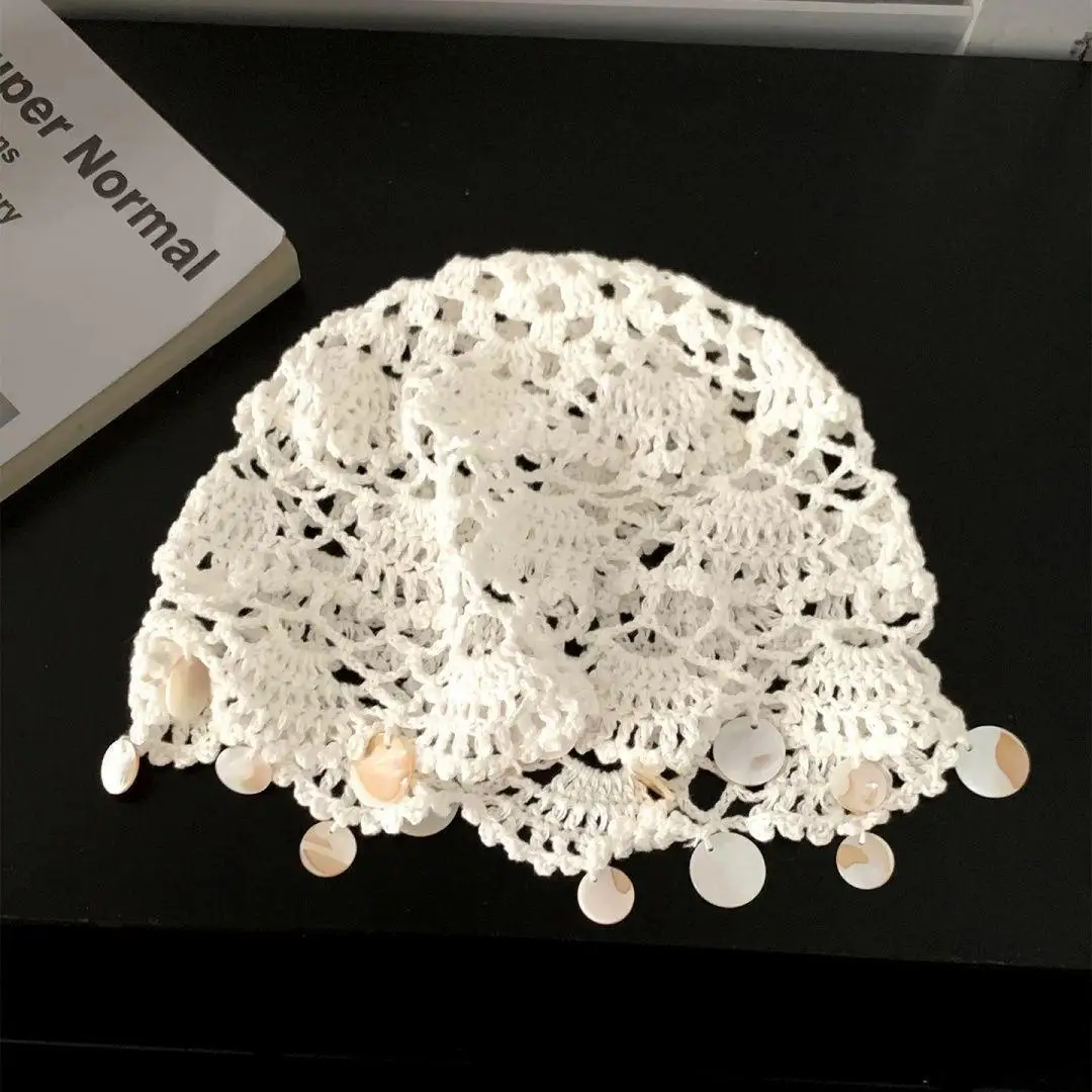 New Shell Plate Tassels Beanie Hat for Women Summer Fashion Hollow Handmade Crochet Beanie Breathable Pullover Knitted Skull Hat