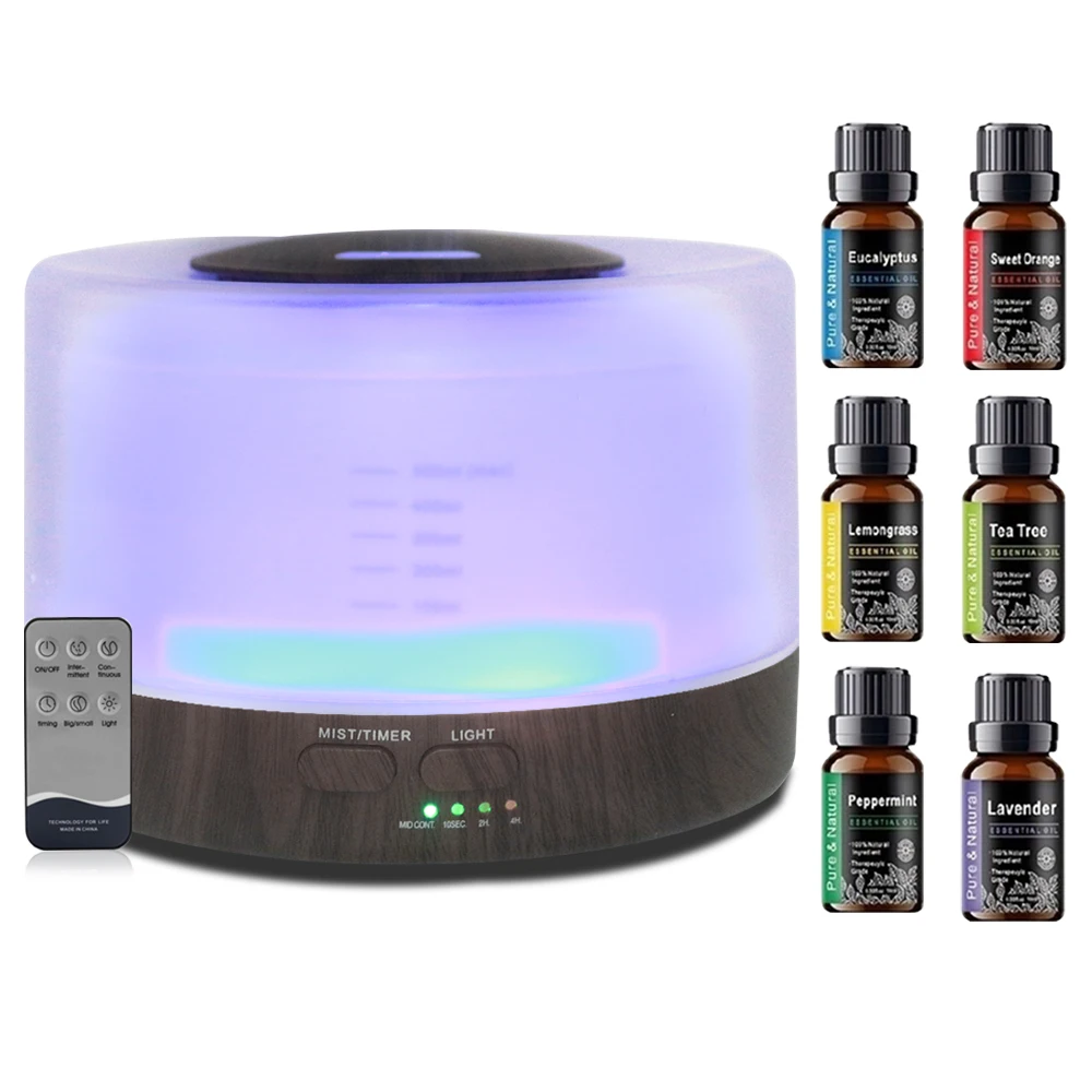 

Aromatherapy Set with 500ml Diffuser & 6 Therapeutic Essential Oils, 7 Color Mood Lights, Auto Shut-Off, Ultrasonic Quiet Operat