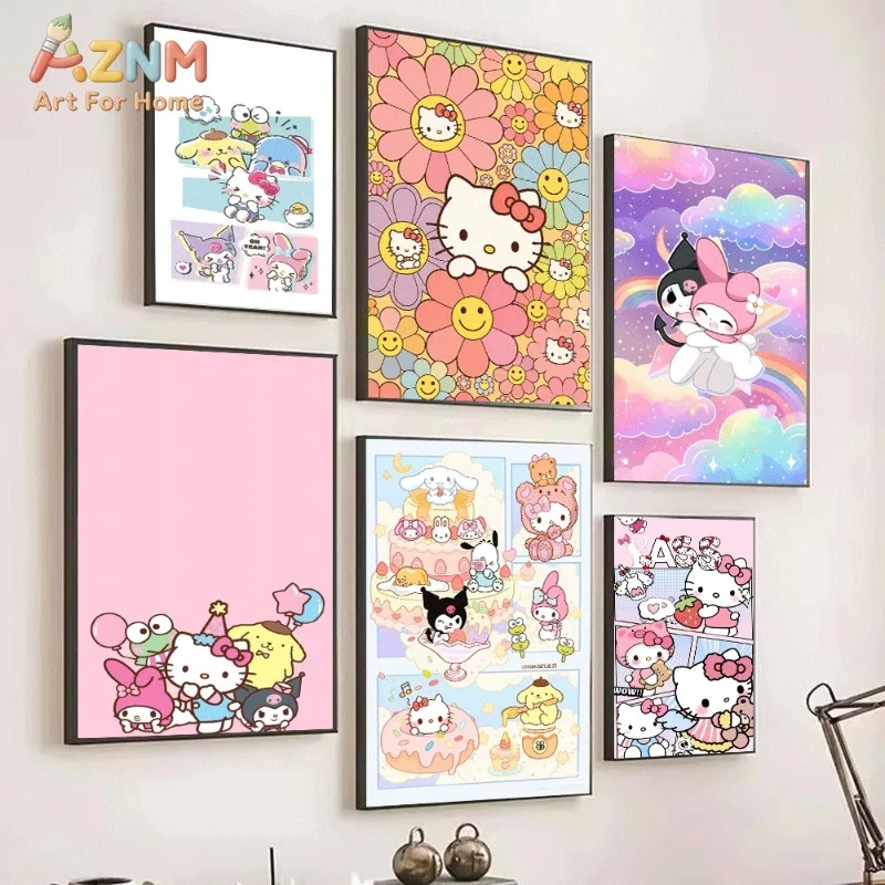 Sanrio Characters Canvas Poster Hello Kitty Kuromi My Melody Cute Cartoon Unframed Wall Print Kawaii Aesthetic Home Decor Gift