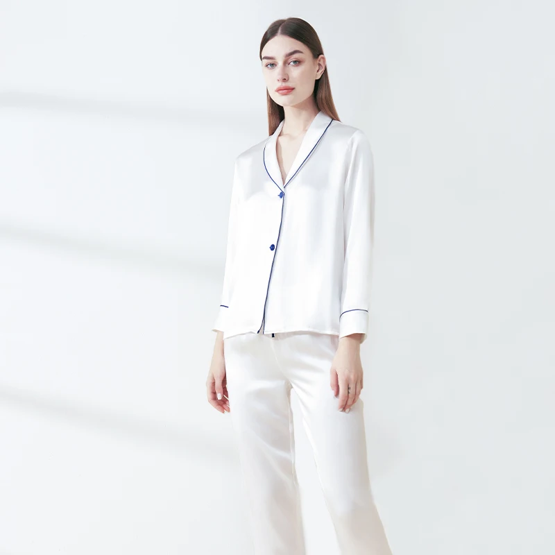 

Heavy 100% Mulberry Silk Long Sleeve Cardigan & Trousers Pajama 2pcs Set Shawl Collar Elegant Lounge Wear PJ Button Down Pajamas