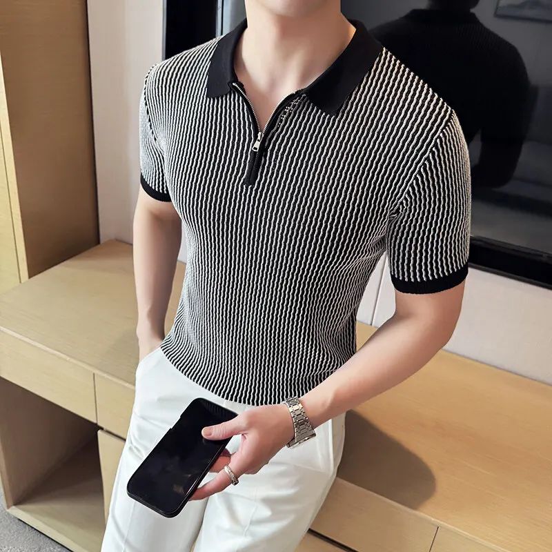 2025 Summer Striped Knitted Collar POIo Shirt Men Slim Fit Casual Business Lapel T-shirt Ice Silk Breathable Office Social POLOS