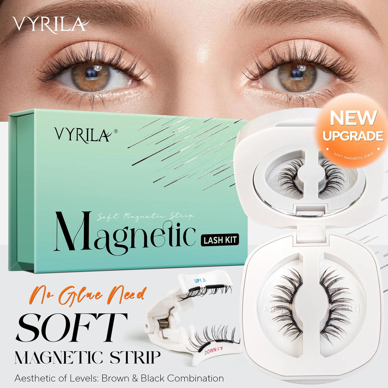 VYRILA Upgrade Magnetic Eyelashes Brown/Black Reusable Soft Magnetic Lash with Applicator Natural Look No Glue Needed Lashes Kit