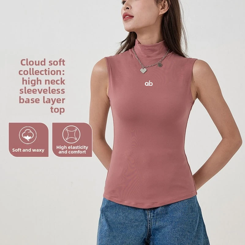 Women High Neck Sleeveles Double Layer Tank Top Slim Stretch Solid Basic Vest Soft Cloud Fabric Yoga Fitness Streetwear Crop Top