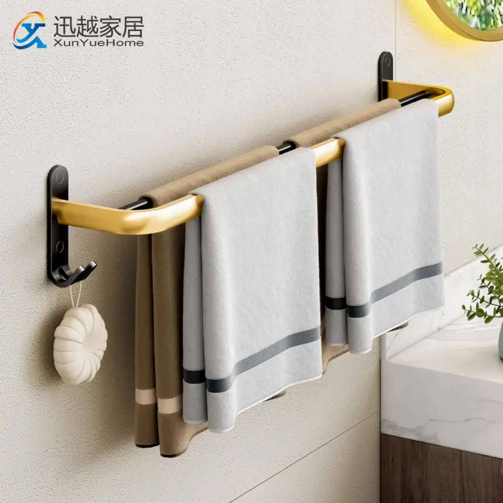 

Towel Bar Hanger Black Gold Aluminum Shower Rack Holder Fold Wall Organizer Hook Storage Shelf Punch-Free Bathroom Accessories