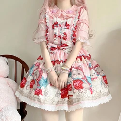 Japan Kawaii Lolita Jsk Dress women sweet Bear strawberry Print Lace Strap Dresses Girl Harajuku Princess Holiday Party Vestidos