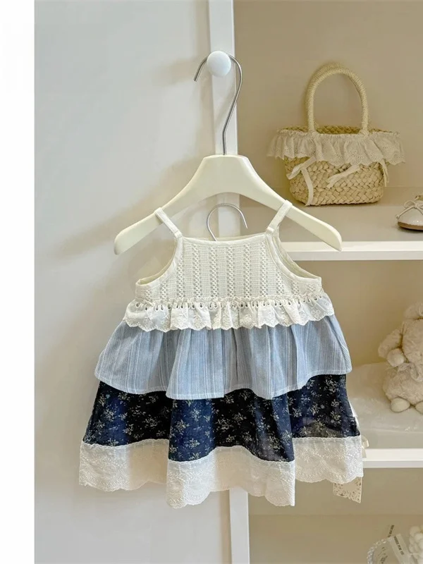 

Летнее платье с цветочным принтом Princ Sle для маленьких девочек, корейская версия, модное и милое платье на бретельках для девочек