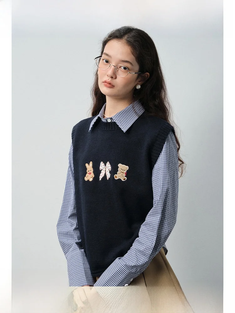 

Rui plus Size Knitted Sweater Fake Two-Piece College Sle irt Spring New Arrival Slimming Top for Plump Women