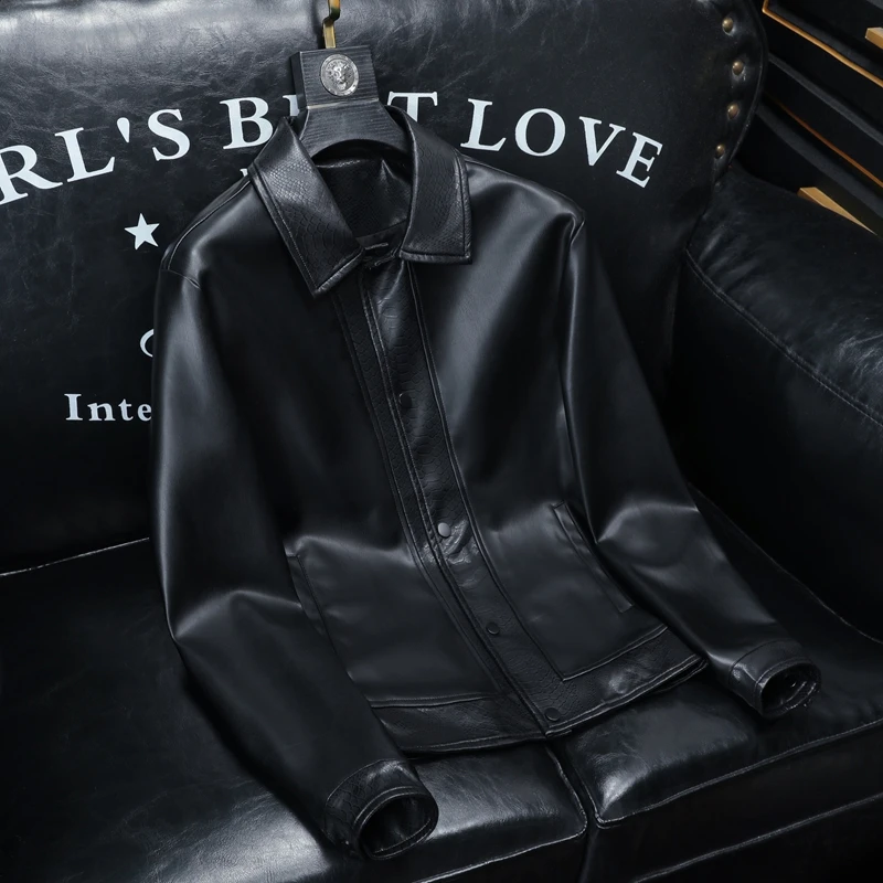 

2025 New Men's Leather Jaet Collar Long Sve High Quali Sli Casual Top Faion Trending M Outerwear