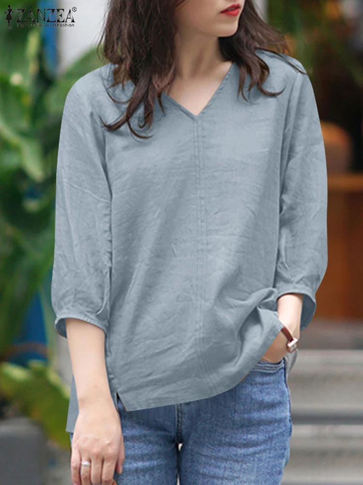 

2025 Summer Women V Neck 3/4 Sleeve Blouse ZANZEA Spring Elegant Shirt Casual Tops Female Solid Work Blusas Oversize Chemise