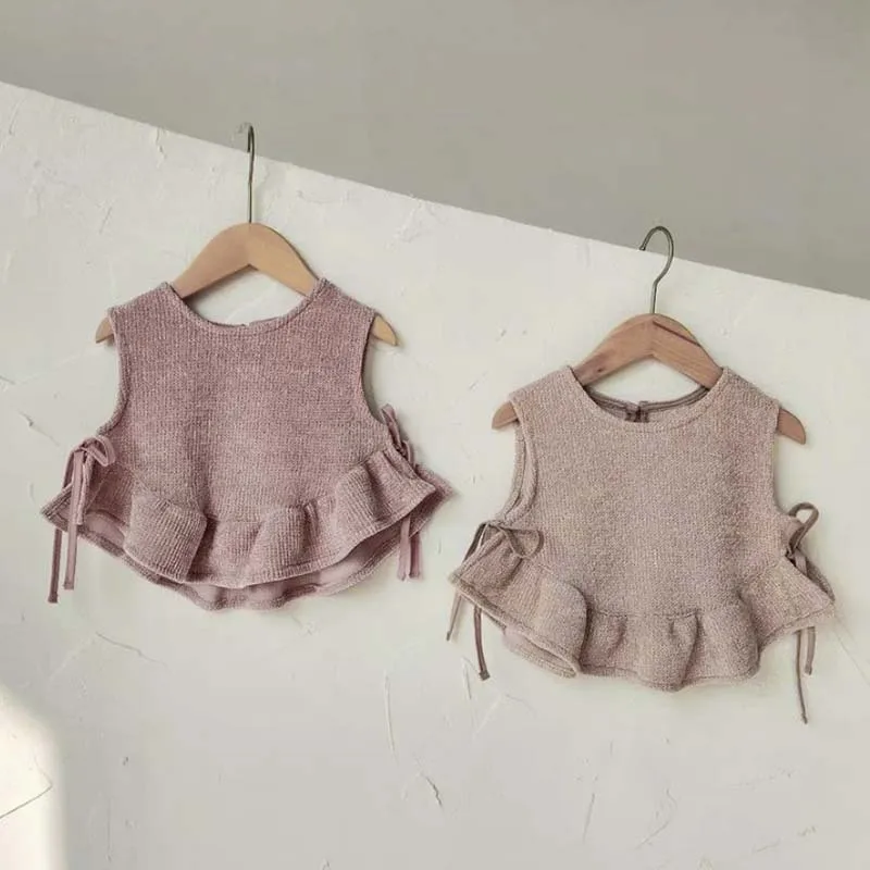 

2026 Spring New Baby Knitted Sweater Vest Cute Infant Girl Ruffle Lace Up Vest Toddler Solid Sleeveless Coat Cotton Baby Clothes