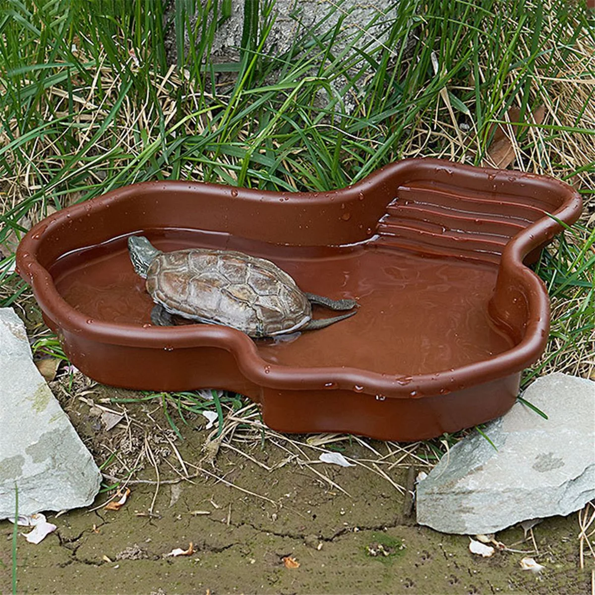 ABDR-Reptile Bathing Pool Amphibians Accessories with Ramp Reptile Water Bowl for Tortoise Turtle Hamster Leopard,B